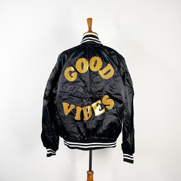 Sticky Baby Good Vibes black satin bomber jacket retro glitter vinyl size Large - Picture 1 of 6